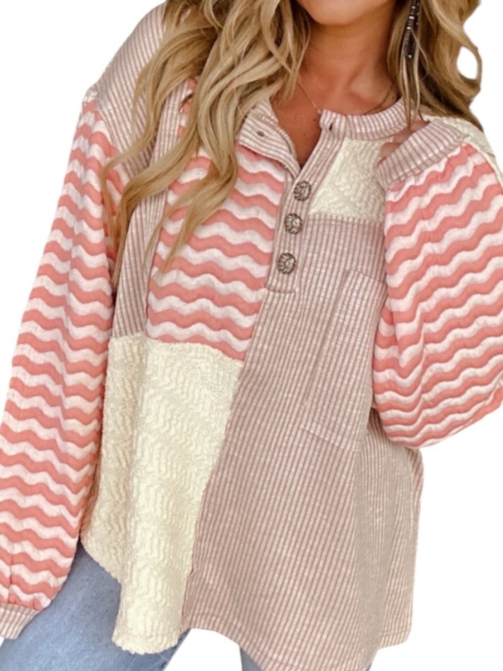 POL Pink and Cream Patchwork Henley Pullover oversized szM